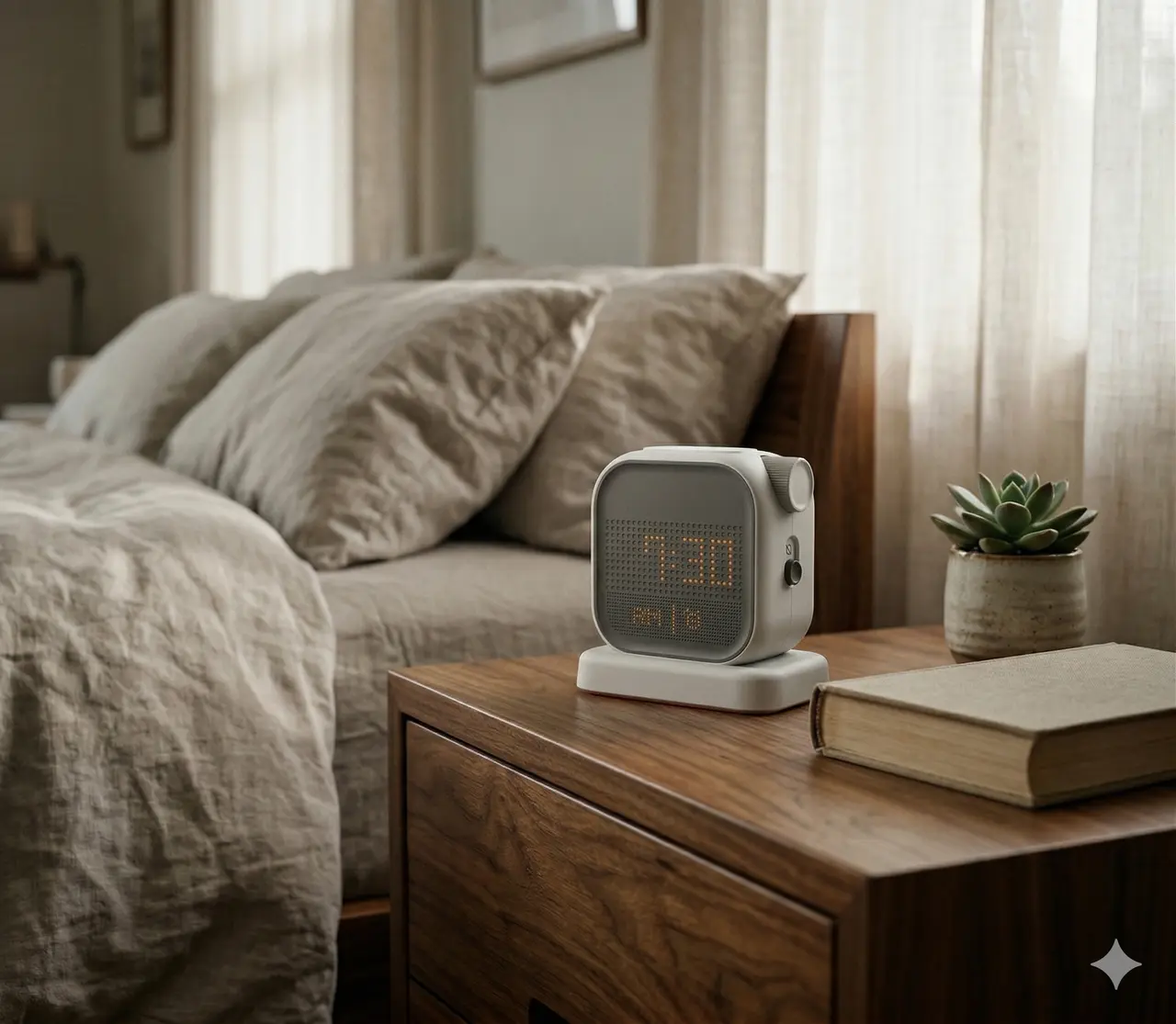 A calm bedroom scene with Moovi on the nightstand