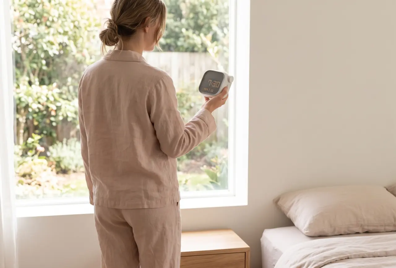 Woman holding Moovi alarm clock
